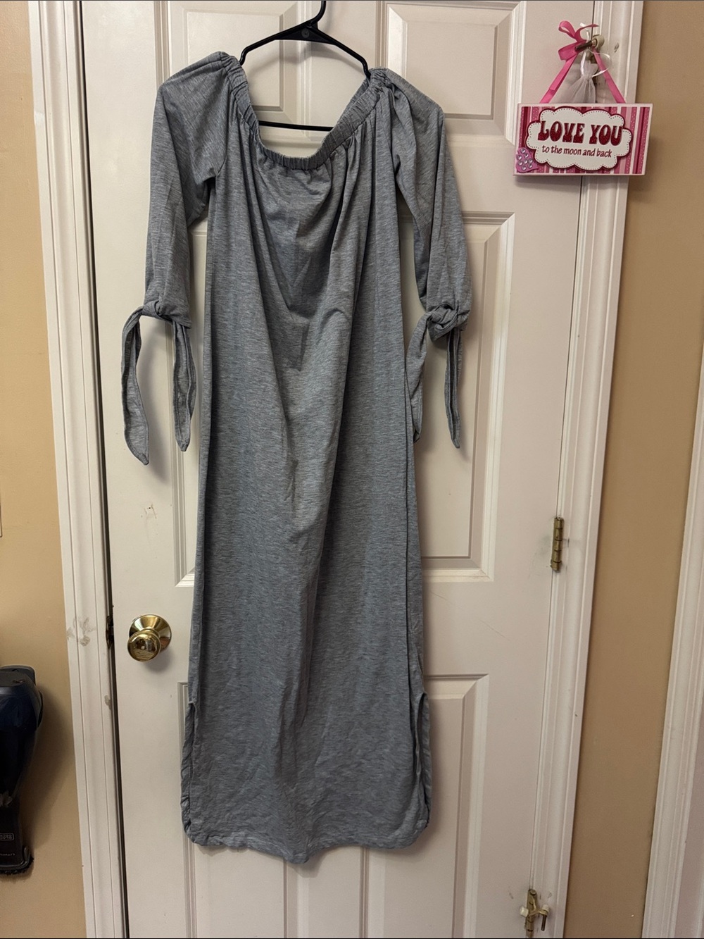 Gray Off-Shoulder Tie-Sleeve Maxi Dress
